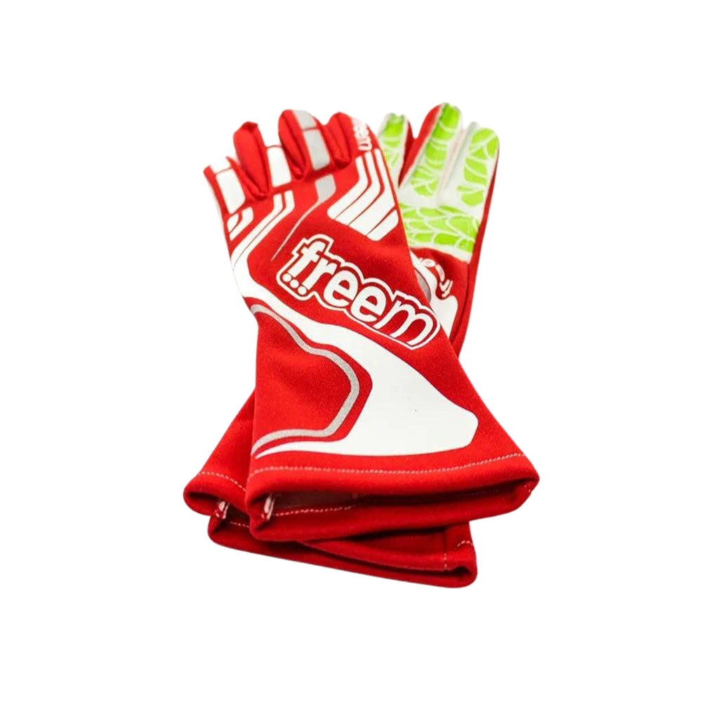 Red Freem Spider Touch 2 racing gloves with white and green accents on a white background