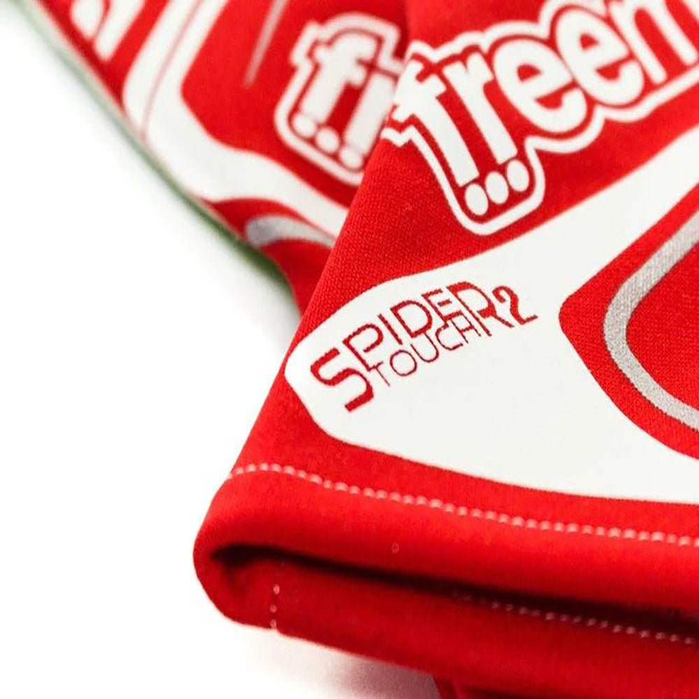 Close-up of a red Freem Spider Touch 2 racing glove with 'Spider Touch' branding on a white background