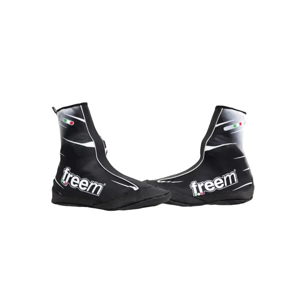 Black Freem Yeti shoe covers with 'freem' branding on a white background