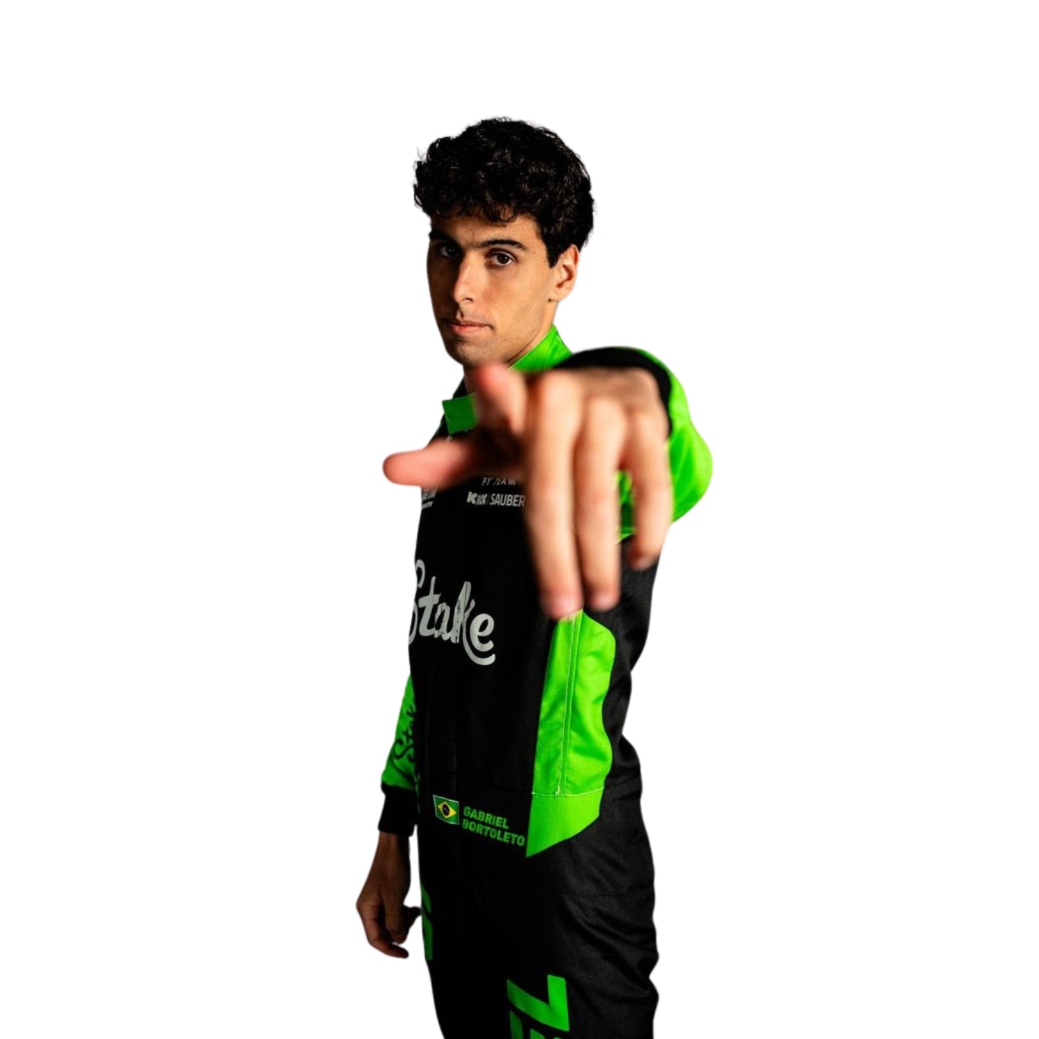 Gabriel Bortoleto in his 2025 racing suit, showcasing the front design with distinctive color accents.
