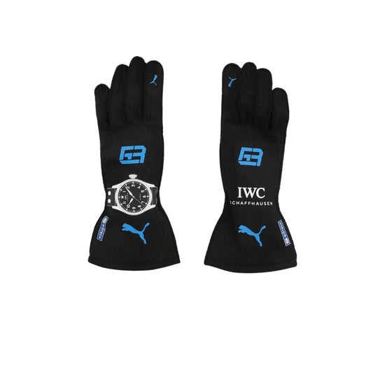 Black George Russell 2022 F1 racing gloves with blue branding on a white background