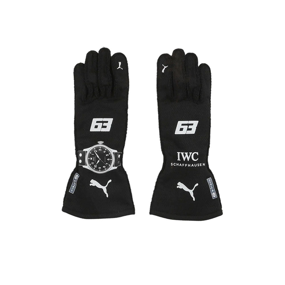 Pair of black George Russell 2023 F1 racing gloves with brand logos on a white background