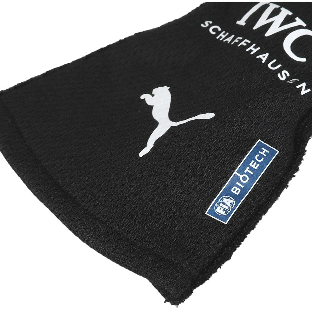 Black George Russell 2023 F1 racing gloves with Puma logo and IWC Schaffhausen branding on a white background