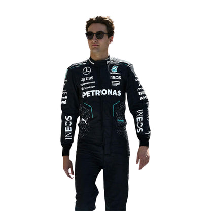 Detailed close-up of fabric texture and stitching on George Russell’s 2024 motorsport suit, highlighting durability, breathability, and bold race elements.