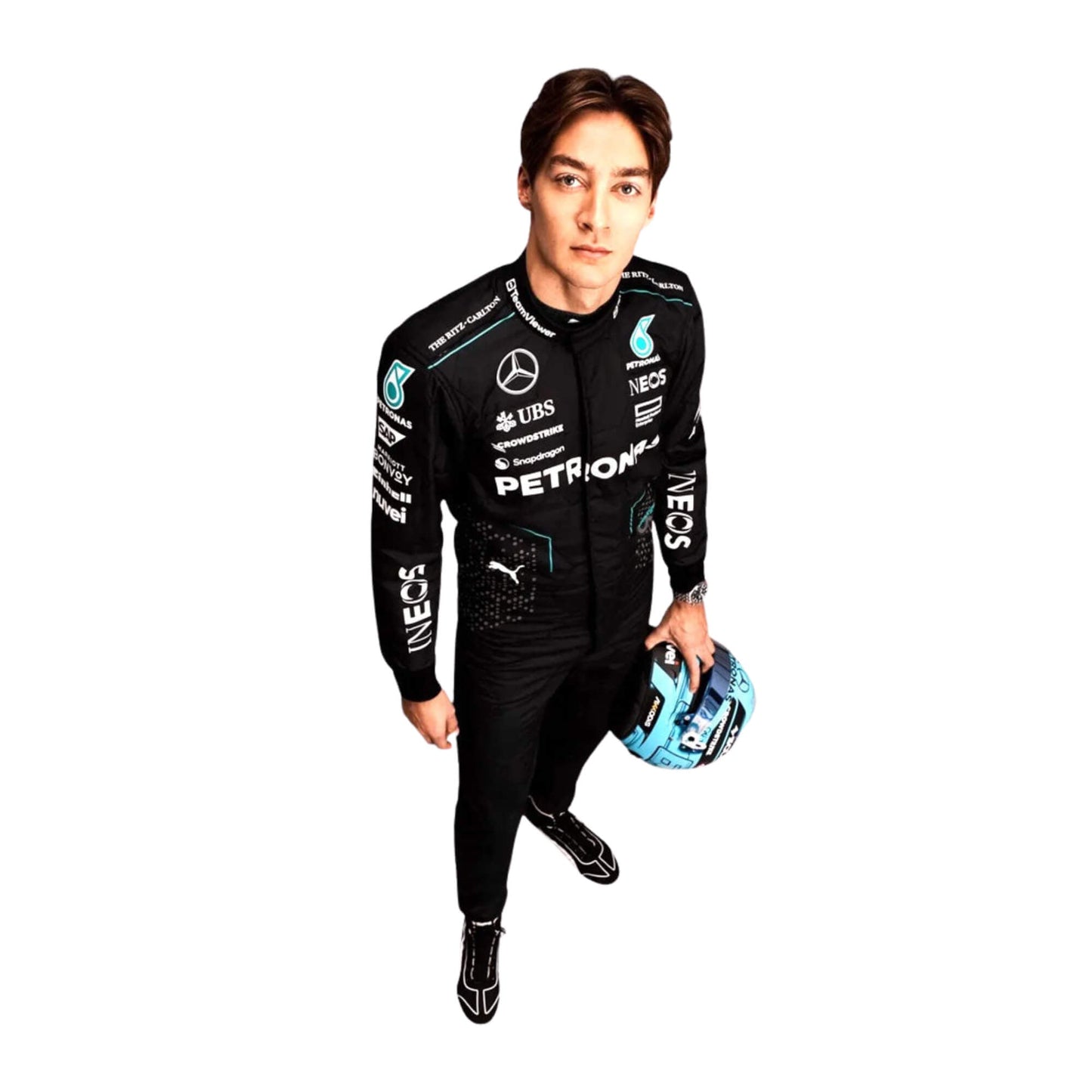 Front view of 2024 racing suit inspired by George Russell, styled in matte black with teal accents and aerodynamic paneling for F1 performance wear.
