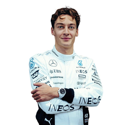 Detailed close-up of George Russell 2024 Qatar GP F1 racing costume fabric and stitching