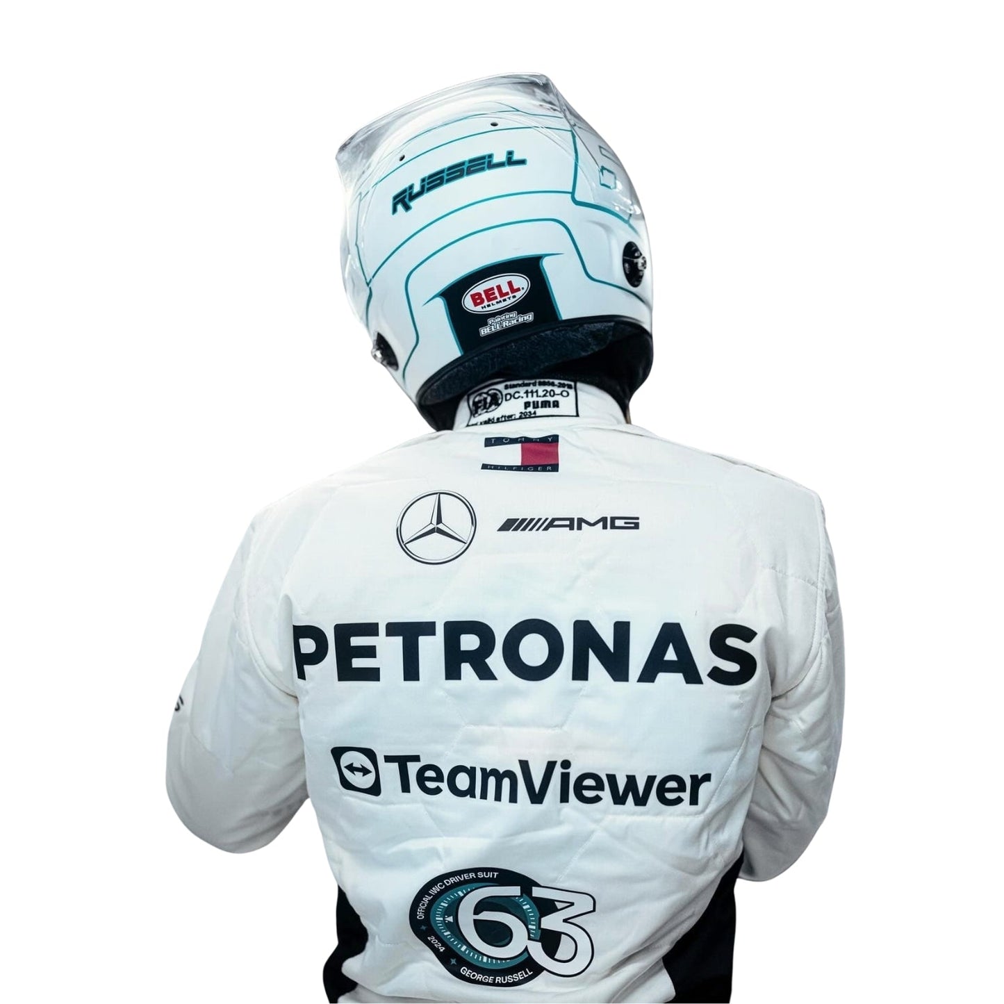 George Russell 2024 Qatar GP F1 racing suit back design with Mercedes sponsor details