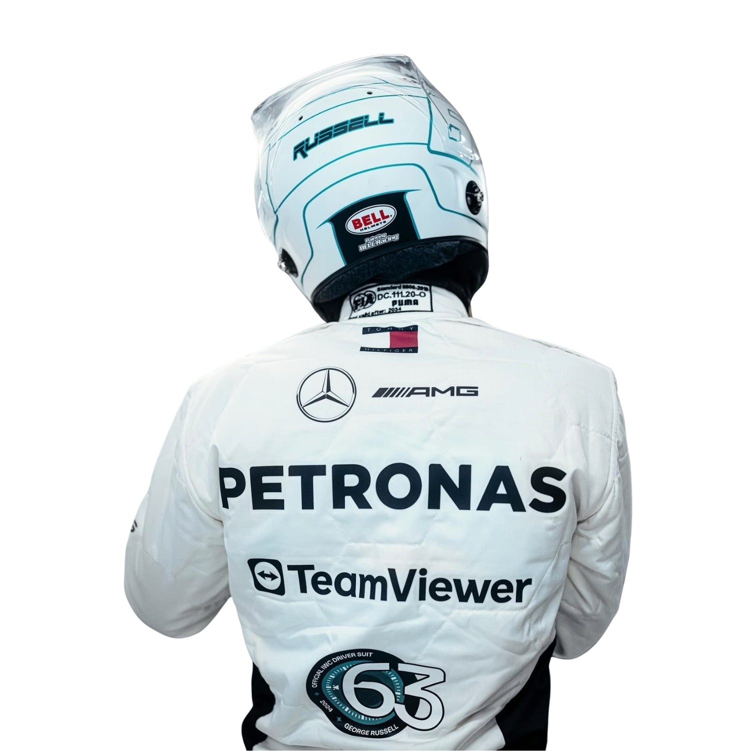 George Russell 2024 Qatar GP F1 racing suit back design with Mercedes sponsor details