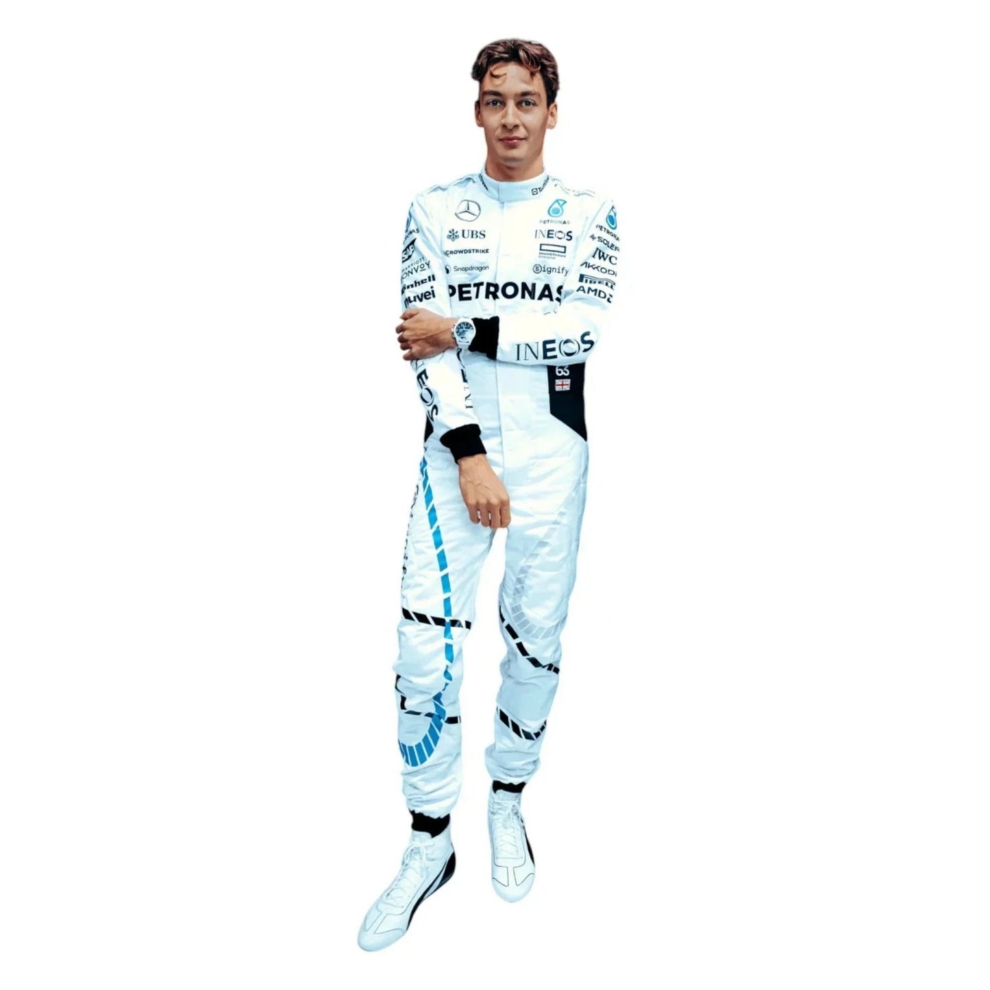 George Russell 2024 Qatar GP F1 racing suit front view in black and teal with Petronas branding