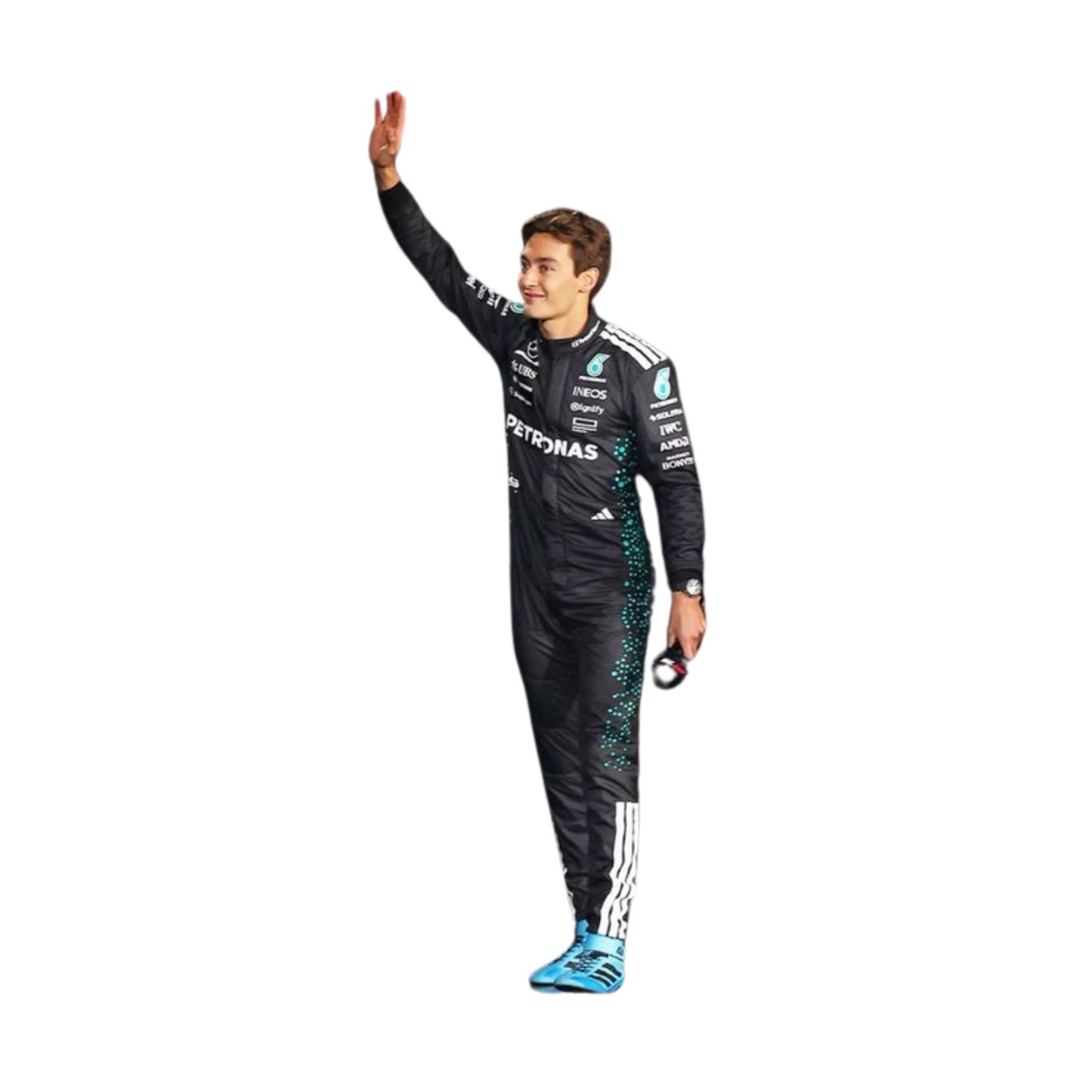 Side profile of 2025 racing outfit worn by George Russell with contour-hugging panels, breathable mesh insets, and streamlined sponsor layout.