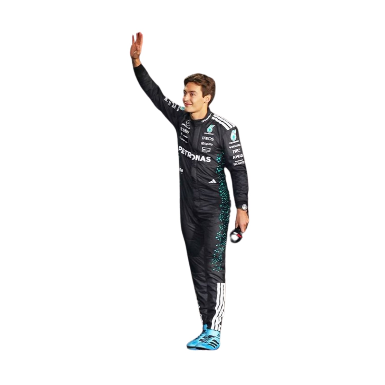 George Russell in motion during the 2025 F1 season, suited up in his high-performance racing gear on track.

