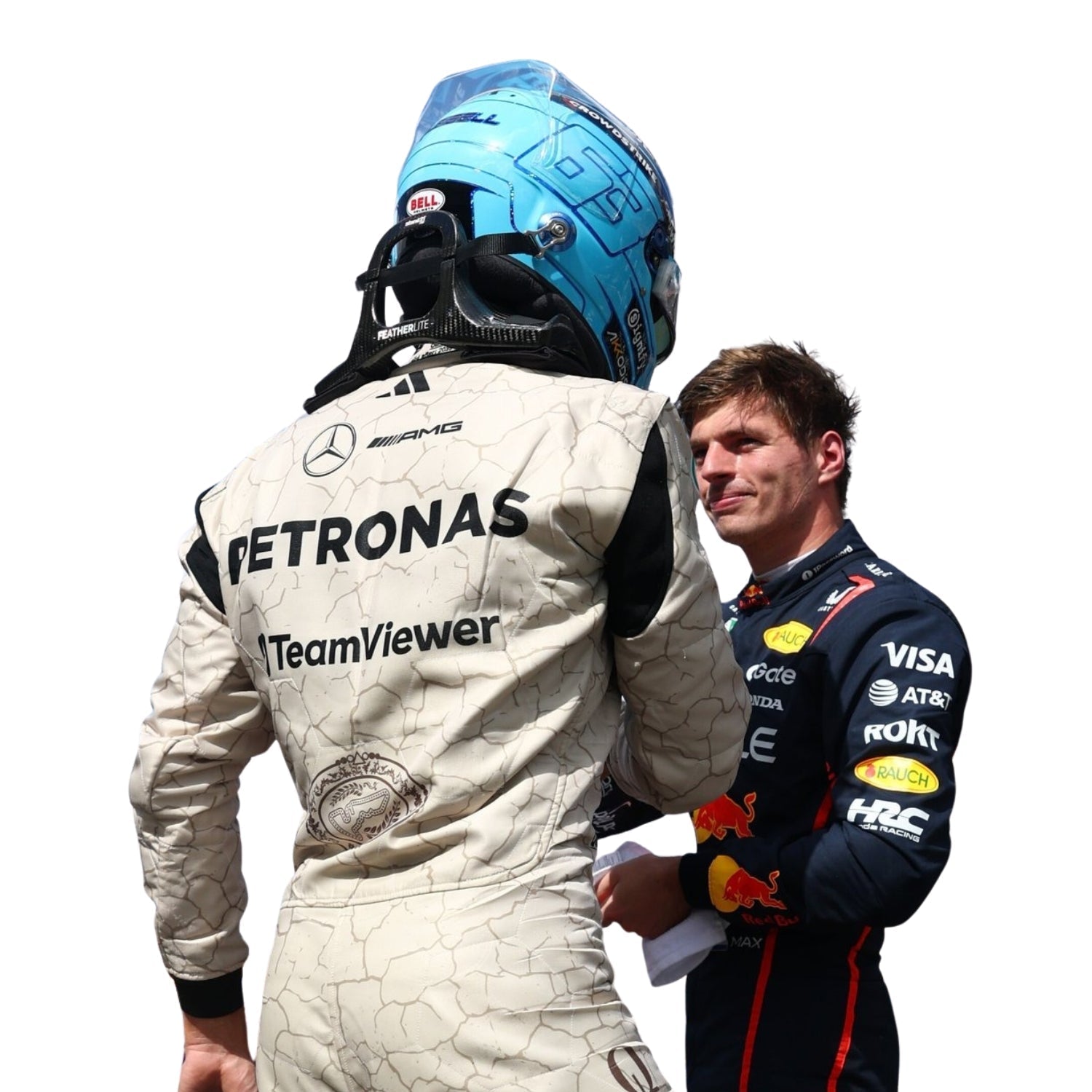George Russell 2025 Austin GP This suit is inspired by the Mojave Desert F1 racing suit back profile with sponsor layout. Two Formula 1 drivers, one in a white suit with blue helmet and the other in a dark suit with red accents, standing close together on a white background.