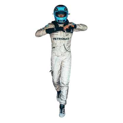 Russell 2025 USA Austin GP inspired by the Mojave Desert F1 racing suit front view with light blue details