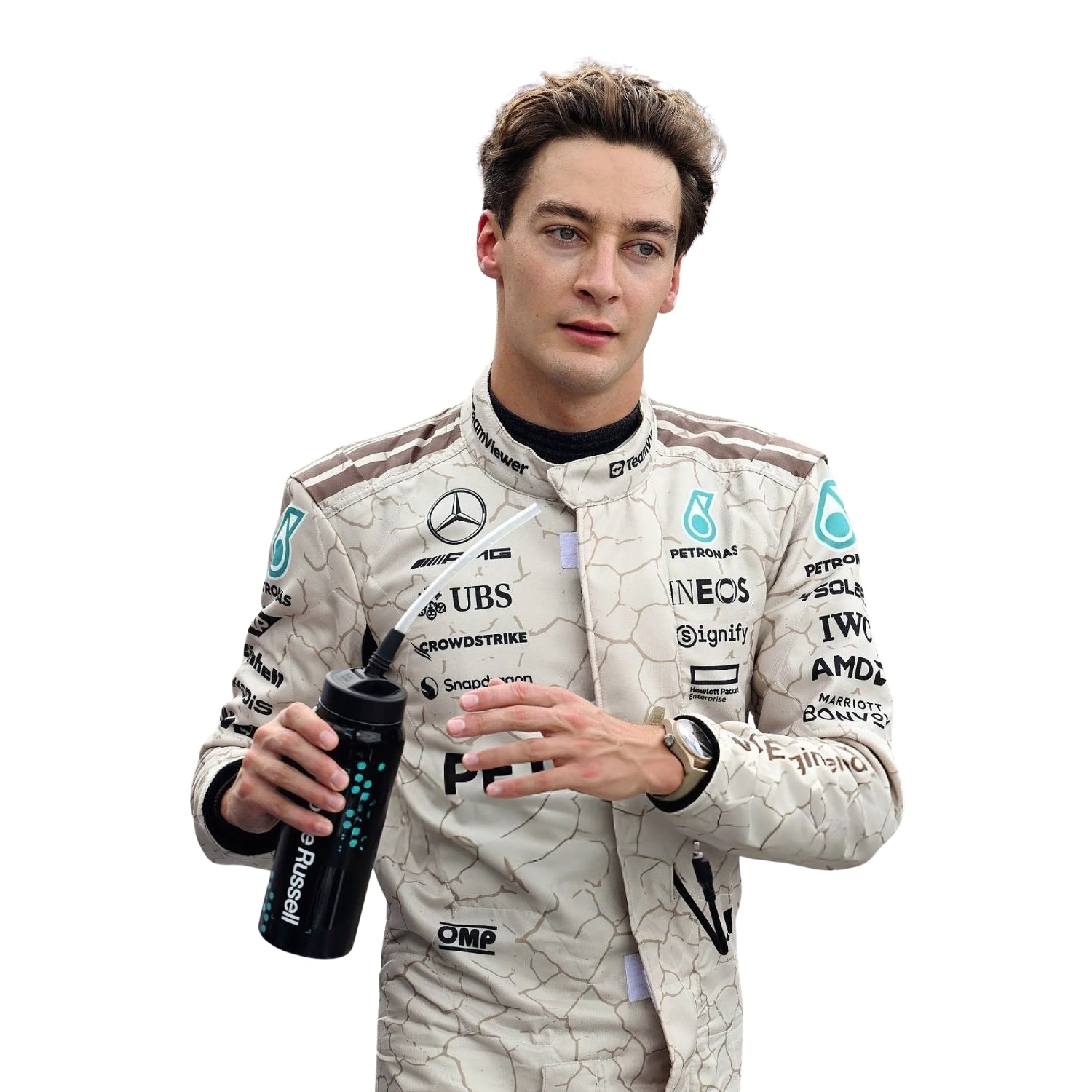 Close-up of stitching, blue accents, and detailing on George Russell 2025 USA Austin GP racing suit is inspired by the Mojave Desert.