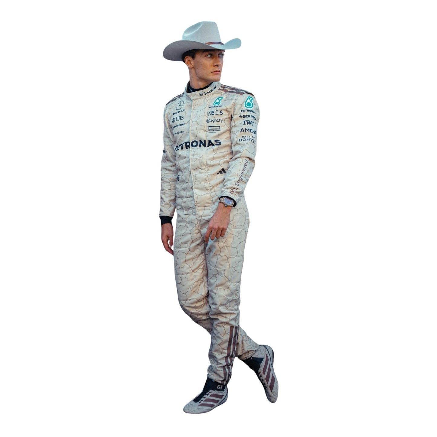 Russell 2025 USA Austin GP inspired by the Mojave Desert F1 racing suit front view with light blue details