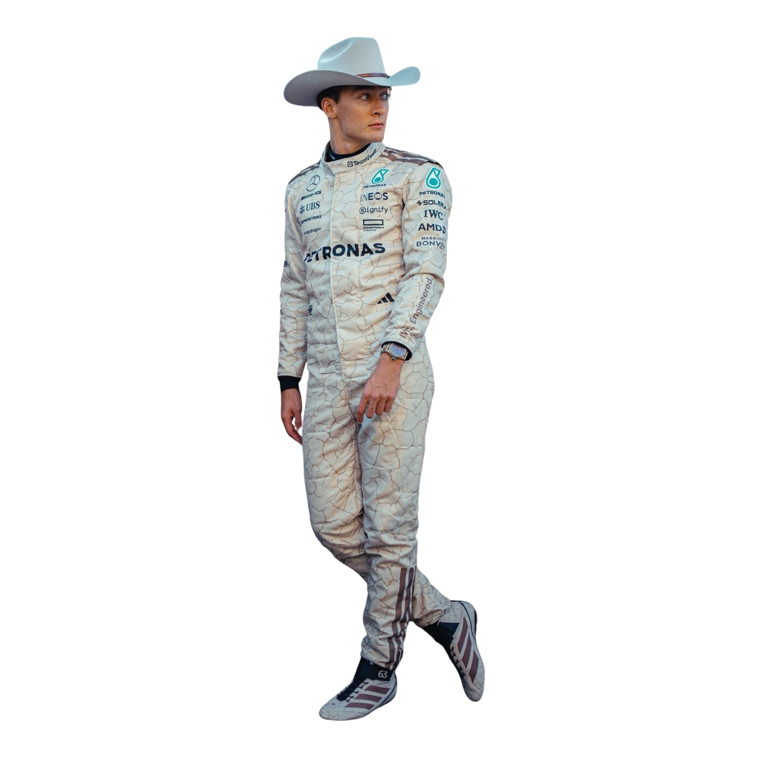 Russell 2025 USA Austin GP inspired by the Mojave Desert F1 racing suit front view with light blue details