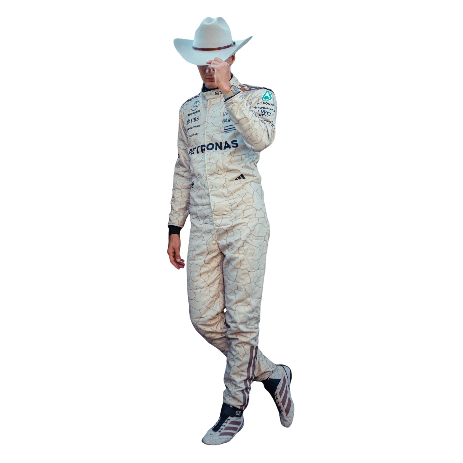 Person wearing a racing suit with 'Mercedes-Benz' and 'Doritos' branding Russell 2025 USA Austin GP inspired by the Mojave Desert F1 racing suit front view with light blue details