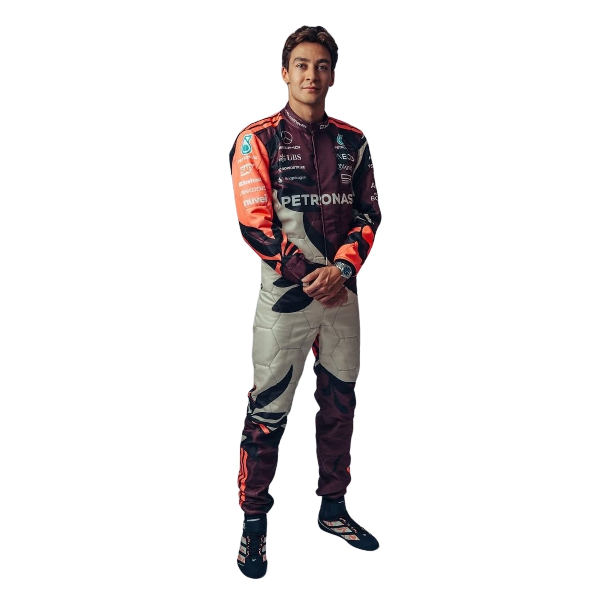 Front view of George Russell 2025 Miami GP F1 racing suits featuring modern aerodynamic tailoring, tropical-inspired graphics, and race-ready detailing.