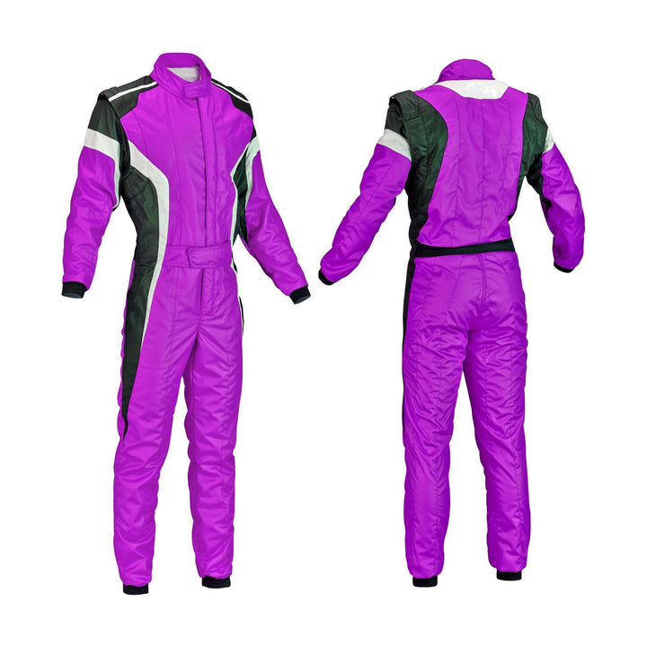 Front view of Go-Kart Race Gear in medium orchid color with modern fit, lightweight construction, and premium karting design.Back view of Go-Kart Race Gear medium orchid suit showing durable stitching, comfort stretch zones, and racing-style finish.