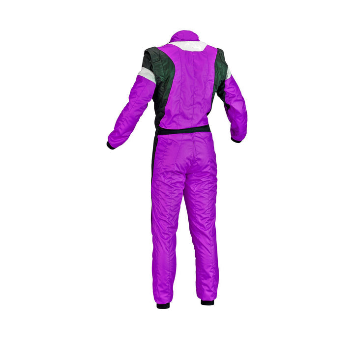 Back view of Go-Kart Race Gear medium orchid suit showing durable stitching, comfort stretch zones, and racing-style finish.