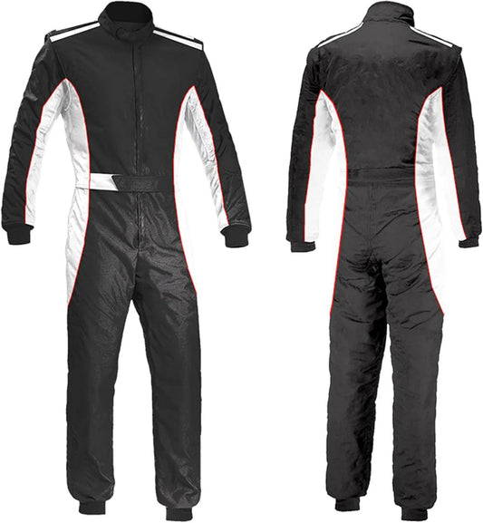 A front and back view of a black go kart race suit with white and red accents, featuring a full zip and elasticated cuffs.