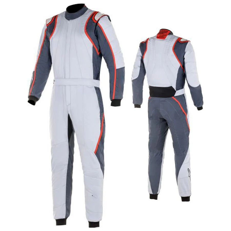 A white go-kart race suit with red and gray accents, featuring a full zip, elasticated cuffs, and a fine collar with Velcro. The suit is displayed in front and back views.