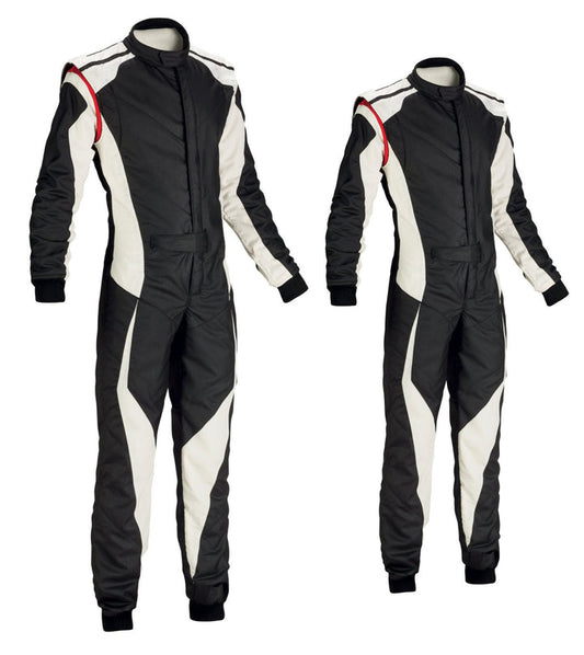 A go kart racing suit featuring a black base with white and red accents, including a full zip and elasticated cuffs, displayed in two different views.