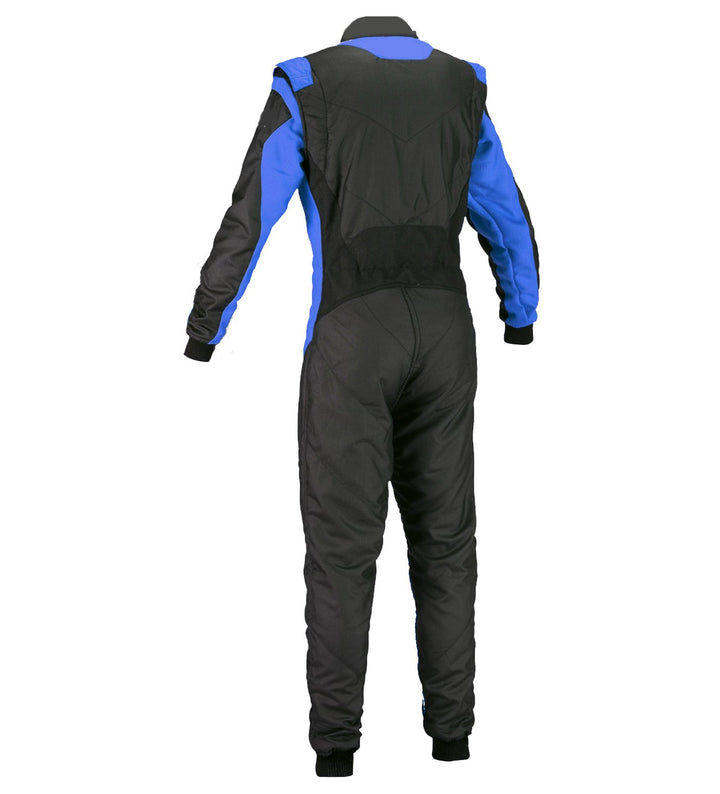 Back view of black and blue go-kart racing suit 