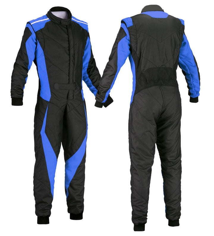 black and blue go-kart racing suit featuring lightweight breathable material, secure zip closure, stretch panels for comfort and adjustable belt – custom name option available.