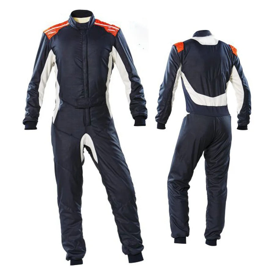 A two-piece go kart racing suit for men with a full zip in the back, elasticated cuffs, and a design featuring white, navy blue, and orange colors.