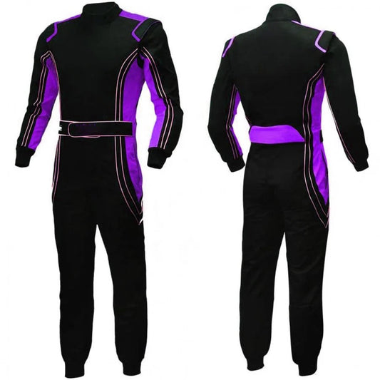 A black go karting race suit with purple accents, featuring a full zip, elasticated cuffs, and a fine collar with Velcro.