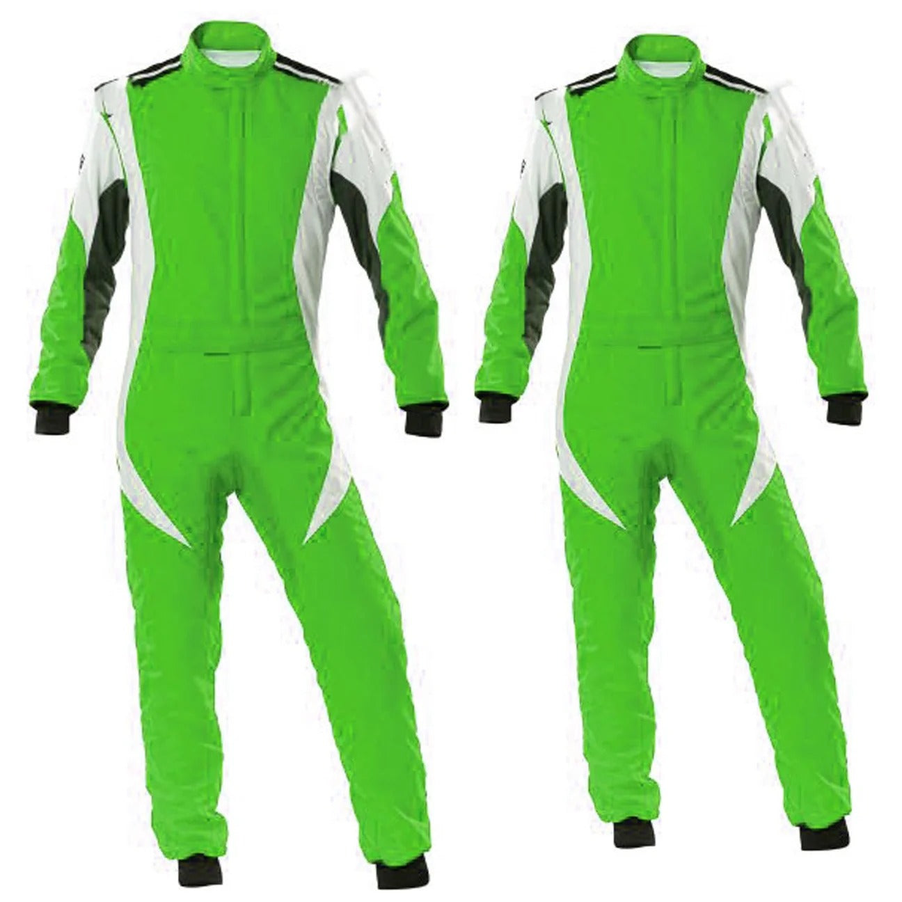 A vibrant green go-kart racing suit for men displayed in two views, front and side, showing the suit's features like full zip, elasticated cuffs, and fine collar with Velcro.