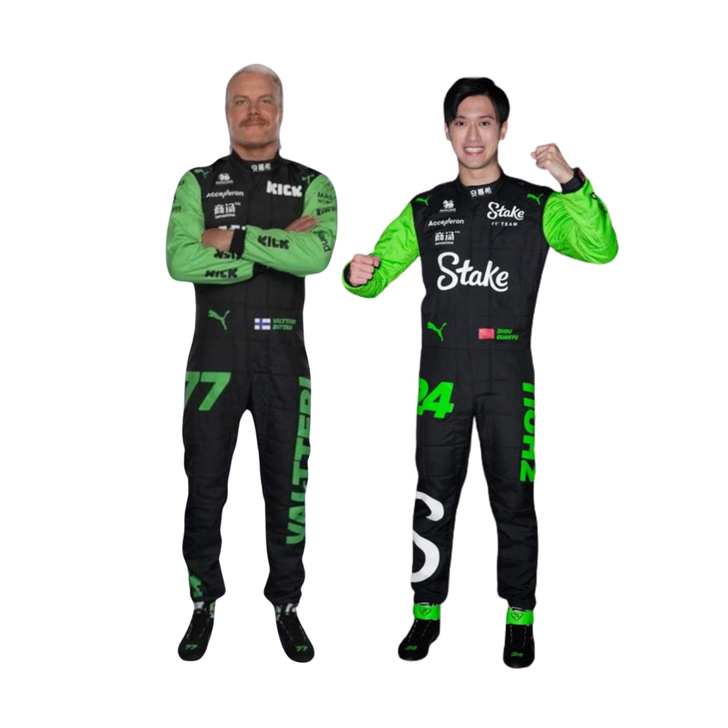 Front view of Zhou Guanyu's And Valtteri Bottas 2024 Kick Sauber F1 racing suit in black with neon green sleeves and accents, showcasing a modern design.