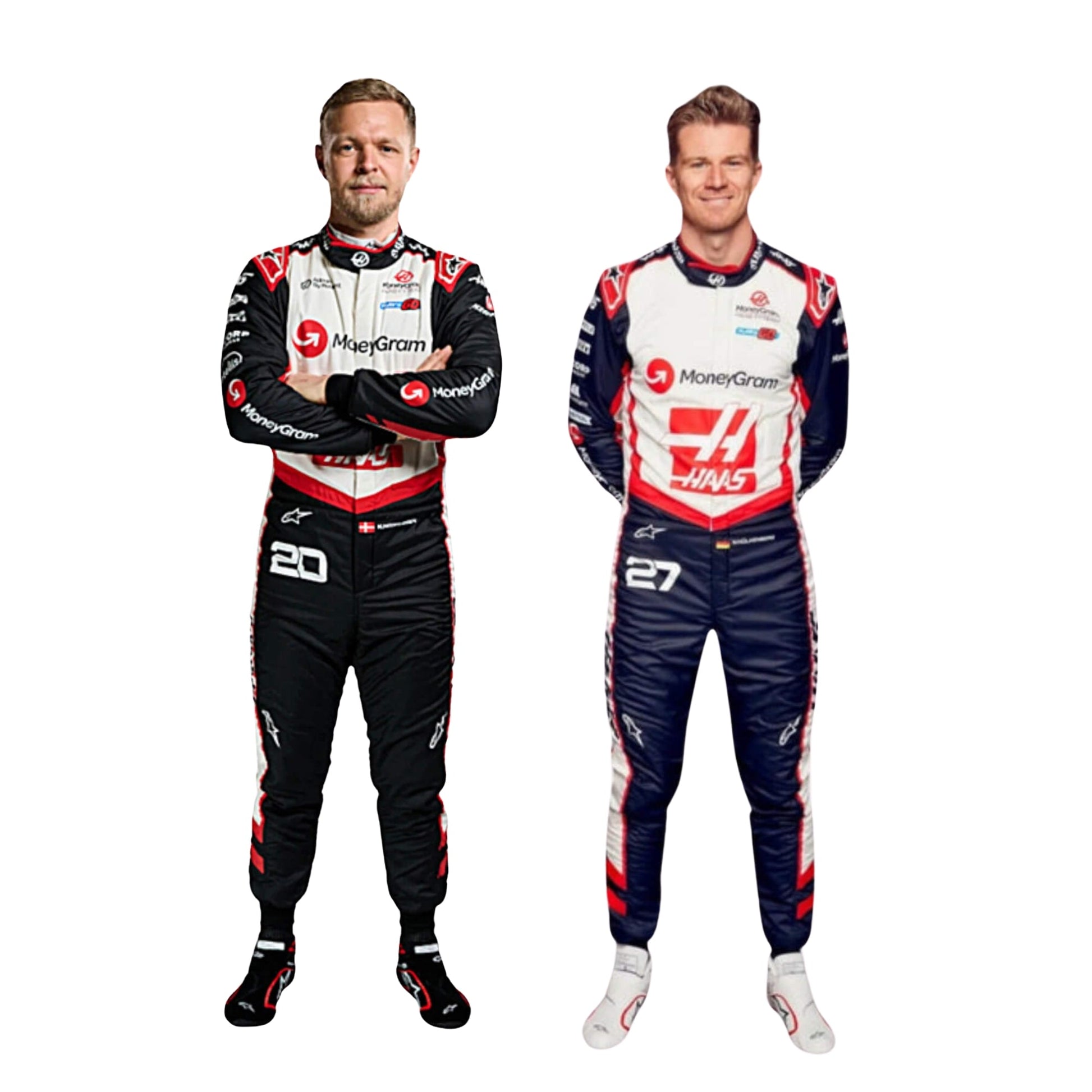 Front view of Kevin Magnussen's and Nico Hulkenberg 2024 F1 racing suit in red, white, and black, showcasing a modern design with sponsor logos.