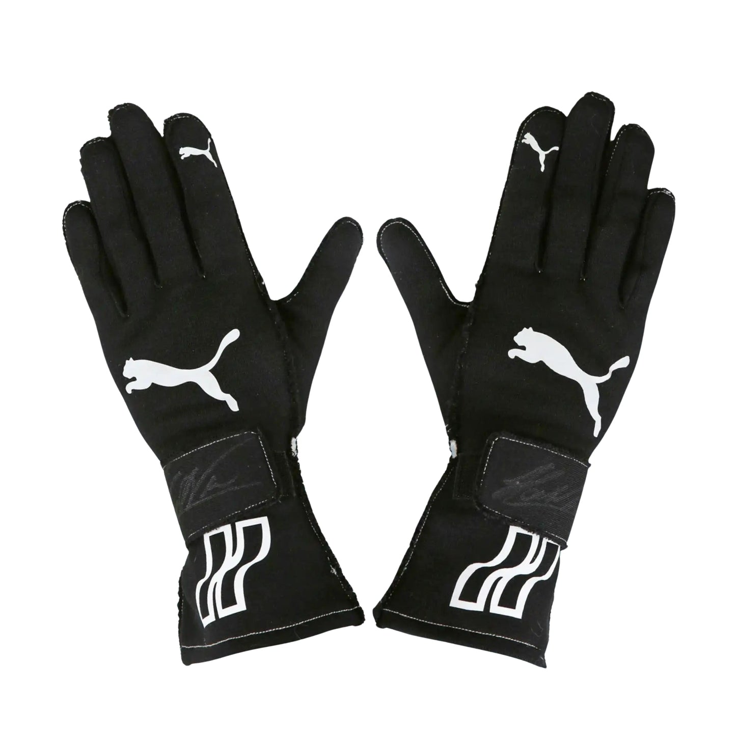 Pair of black Helio Castroneves 2017/18 IndyCar IMSA racing gloves with Puma logo on a white background