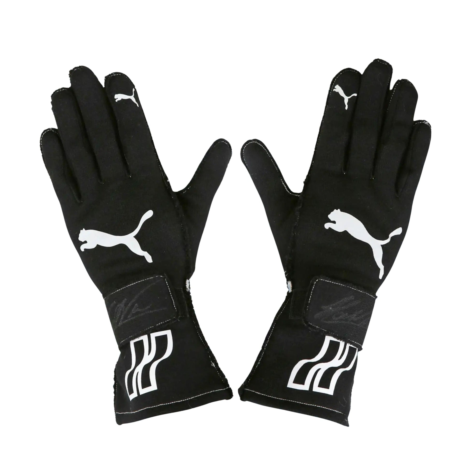 Pair of black Helio Castroneves 2017/18 IndyCar IMSA racing gloves with Puma logo on a white background