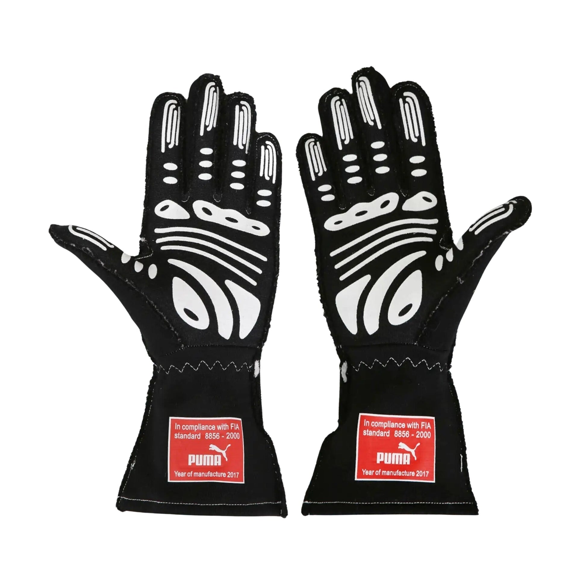 Black Helio Castroneves 2017/18 IndyCar IMSA racing gloves with white patterns and Puma labels on a white background