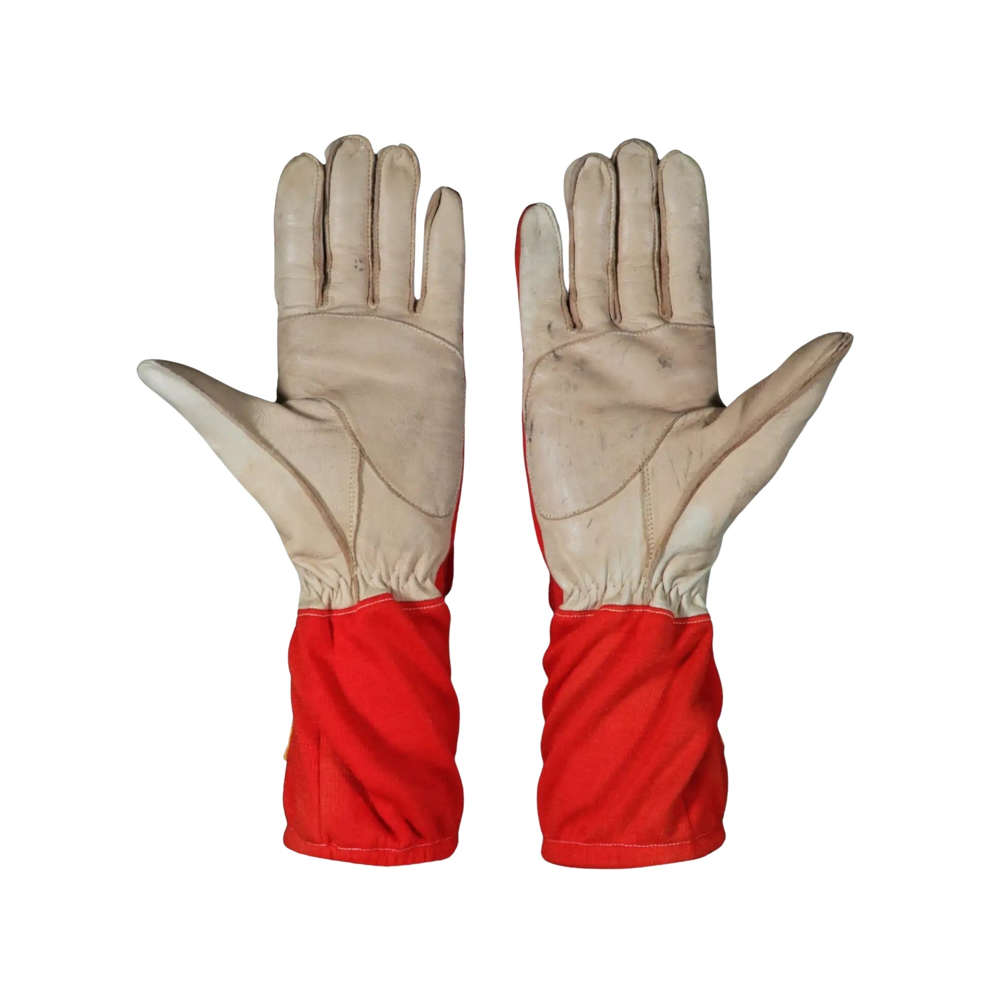 Pair of leather Castroneves 2017 IndyCar racing gloves with red cuffs on a white background