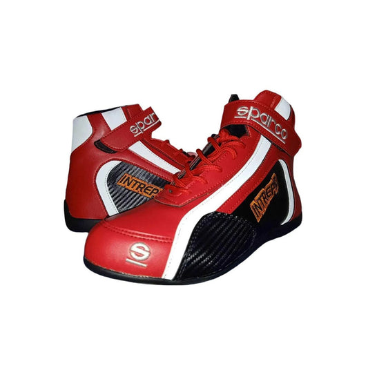 Red Intrepid 2020 Kart racing shoes with black and white accents on a white background