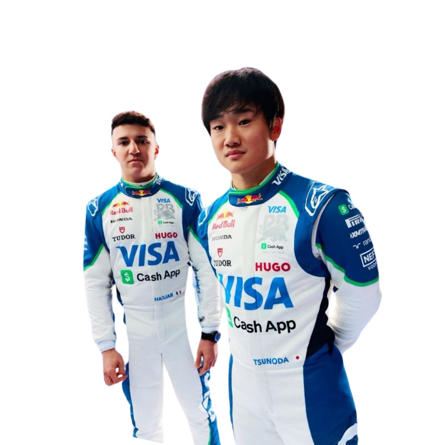 Close-up of Isack Hadjar's and Yuki Tsunoda 2025 F1 race suit, displaying the intricate white fabric with blue and green accents and detailed sponsor logos.