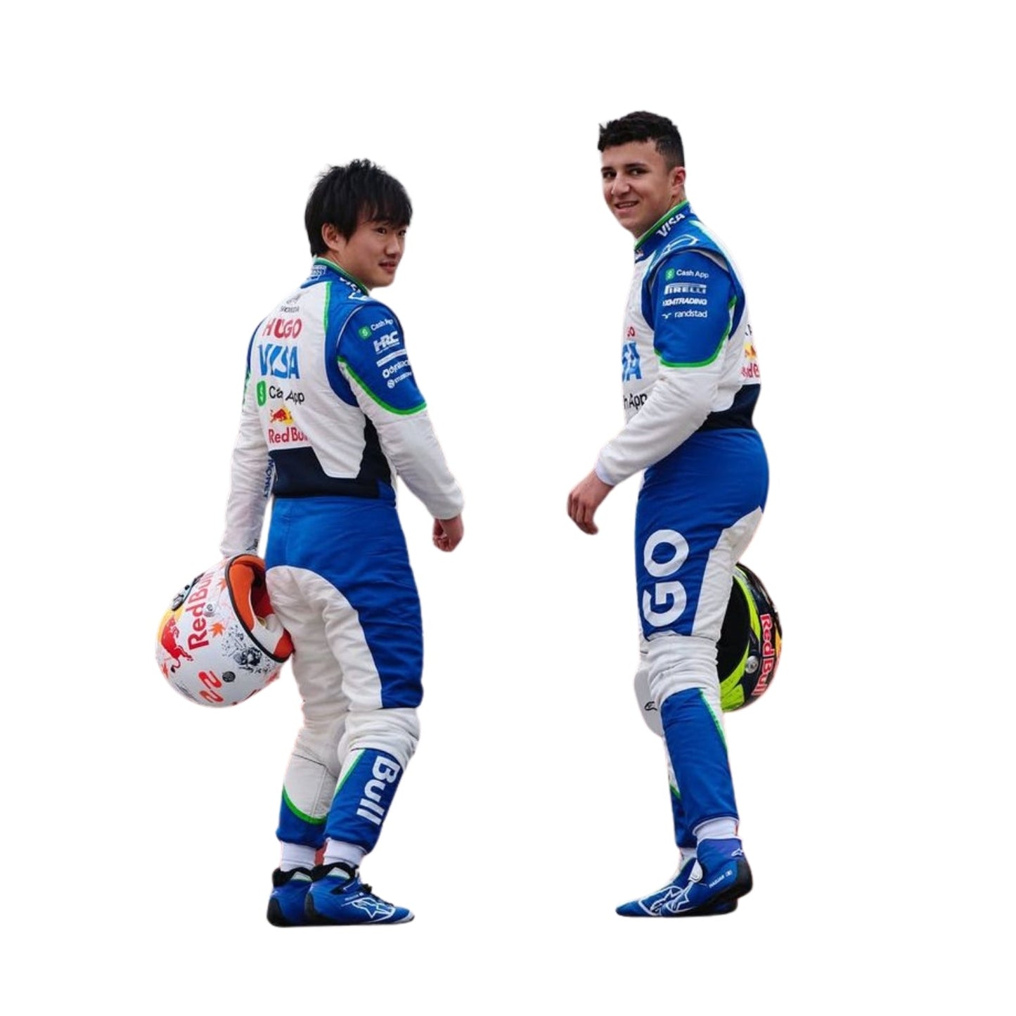 Rear view of Yuki Tsunoda's and Isack Hadjar 2025 F1 race suit showcasing the white base with blue and green detailing and prominent sponsor branding.