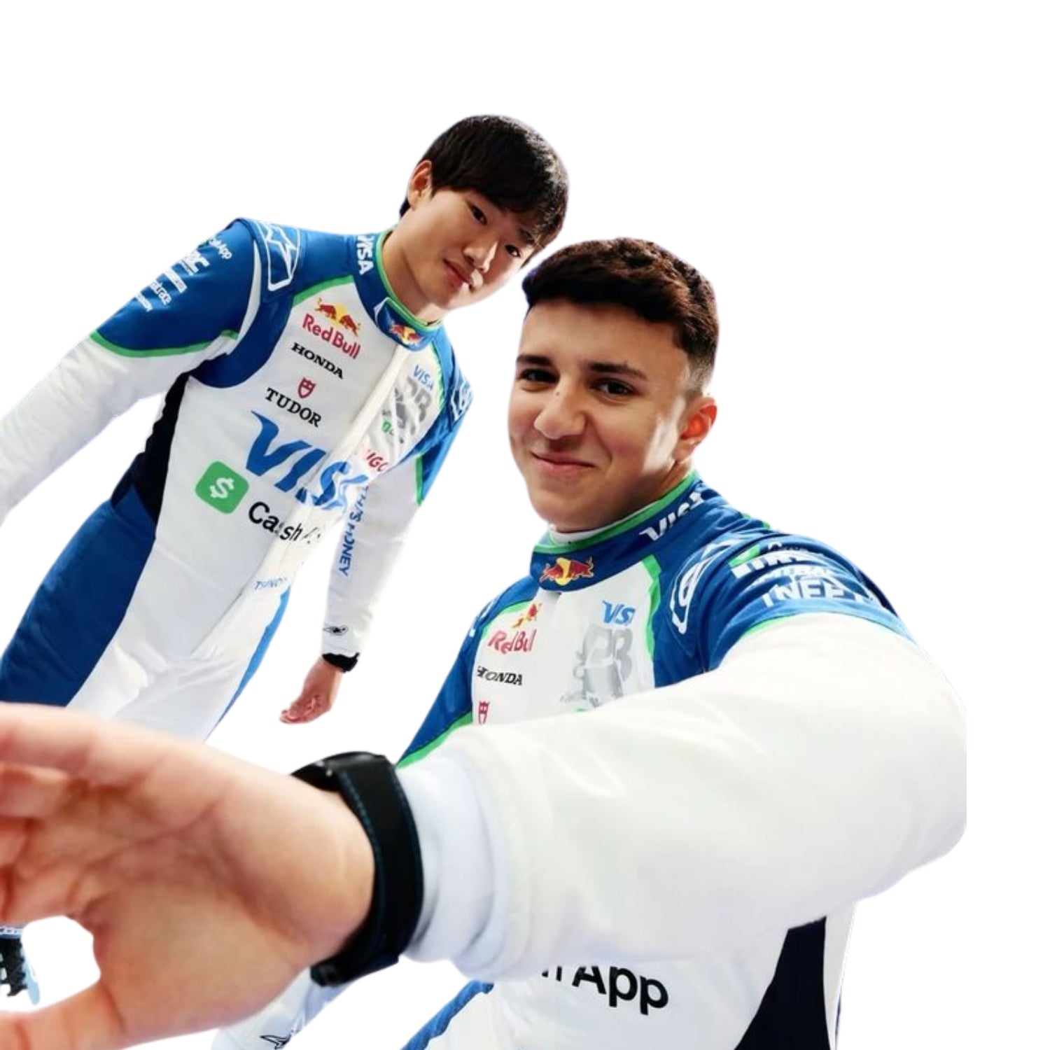 Close-up of Isack Hadjar's and Yuki Tsunoda 2025 F1 race suit, displaying the intricate white fabric with blue and green accents and detailed sponsor logos.