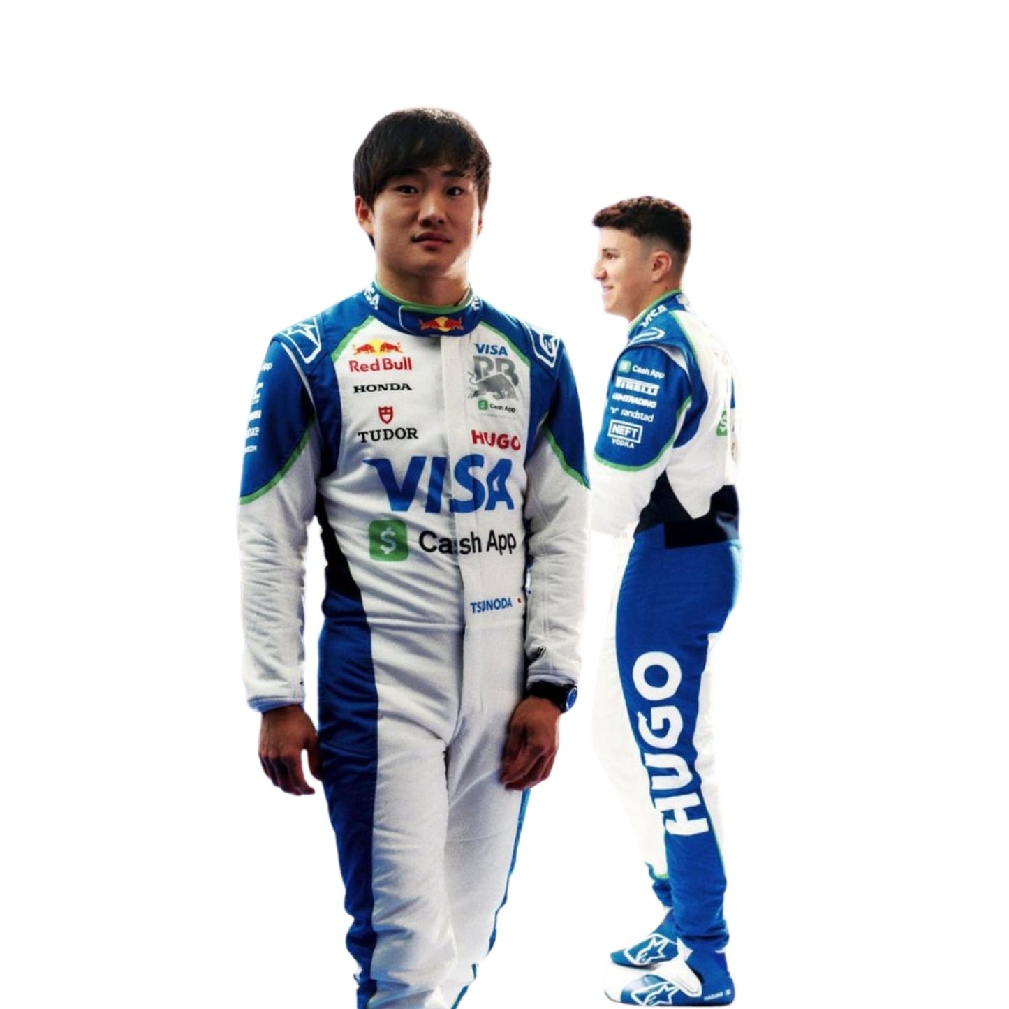 Close-up of Isack Hadjar's and Yuki Tsunoda 2025 F1 race suit, displaying the intricate white fabric with blue and green accents and detailed sponsor logos.