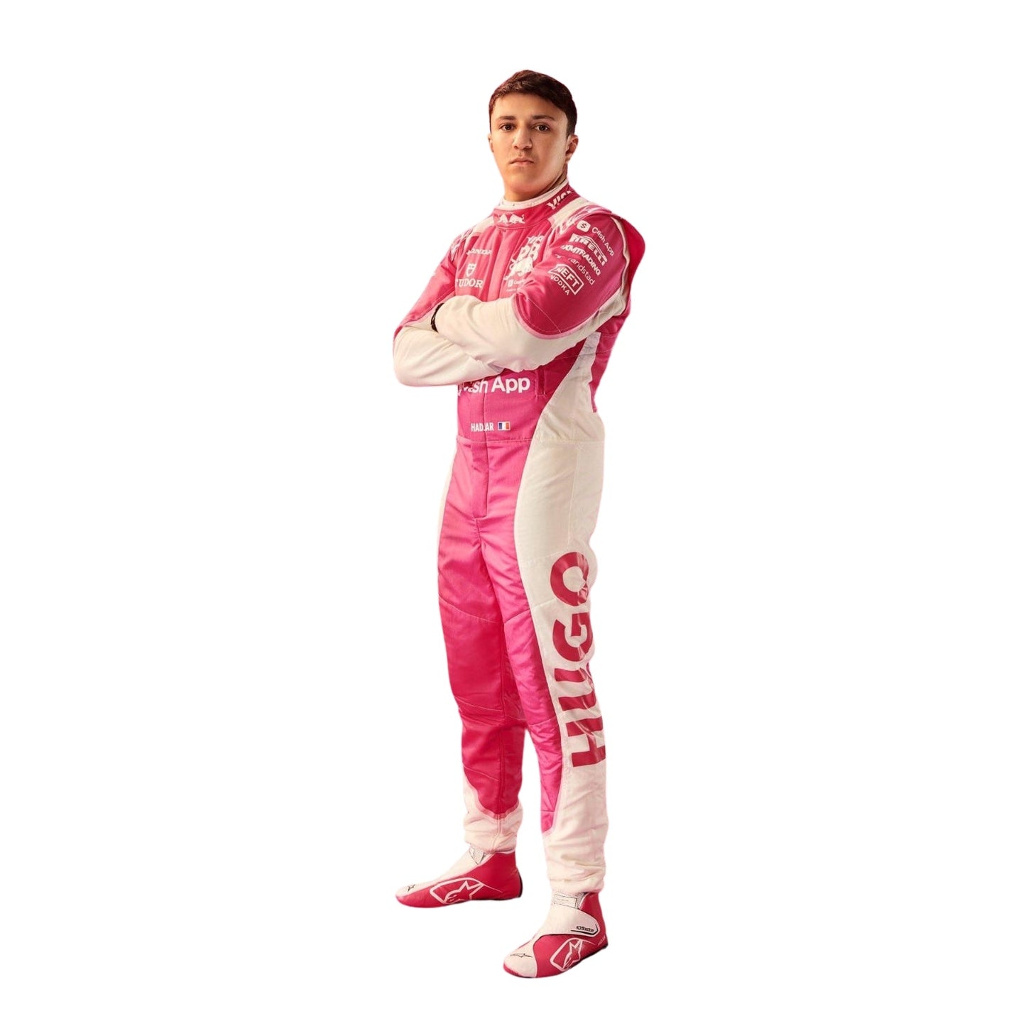Isack Hadjar wearing the 2025 Miami GP F1 race suit, featuring a bold magenta and white color combination with a sharp, athletic fit.