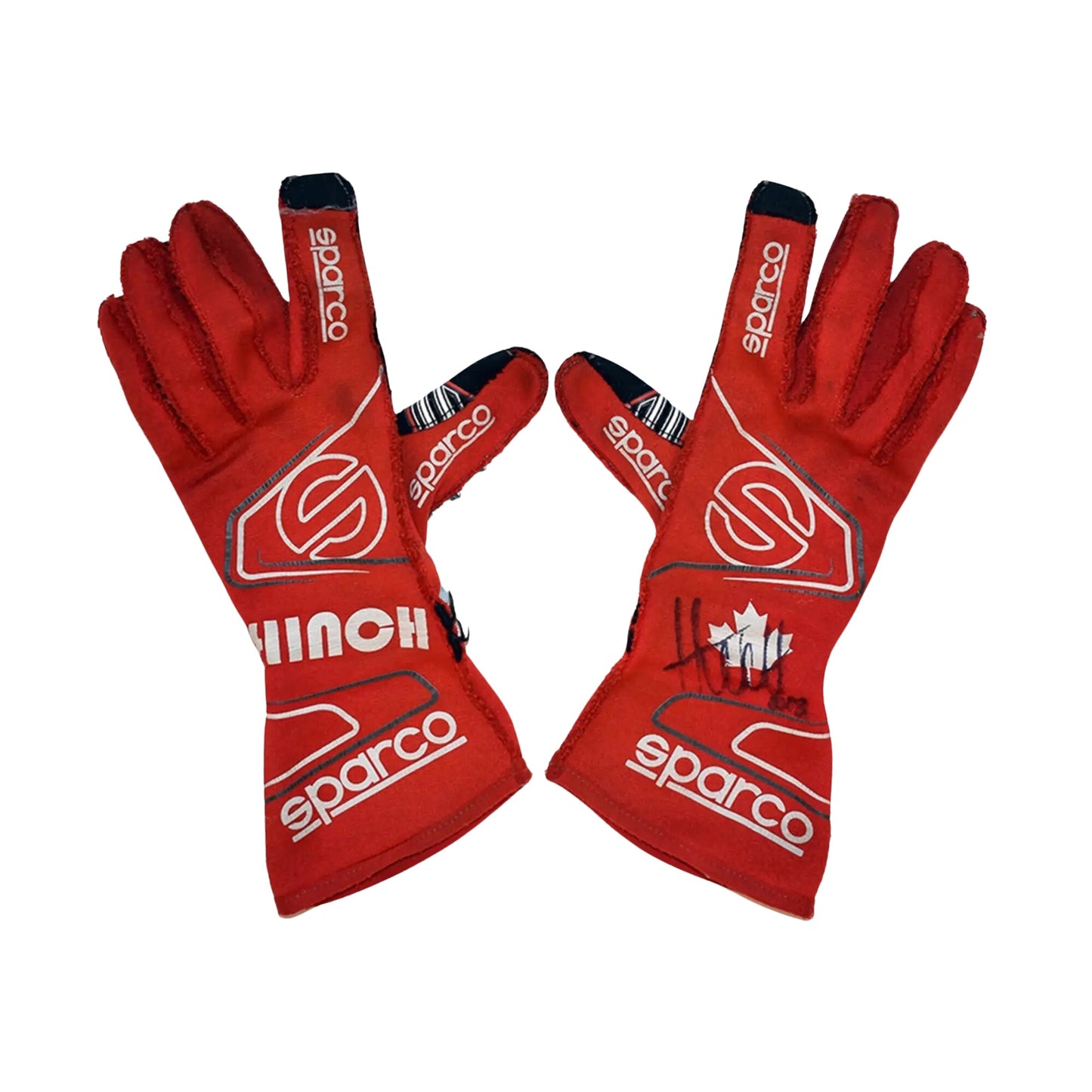 Red James Hinchcliffe 2018 IndyCar racing gloves with Sparco branding on a white background