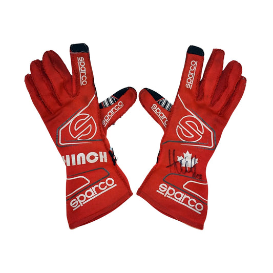 Red James Hinchcliffe 2018 IndyCar racing gloves with Sparco branding on a white background