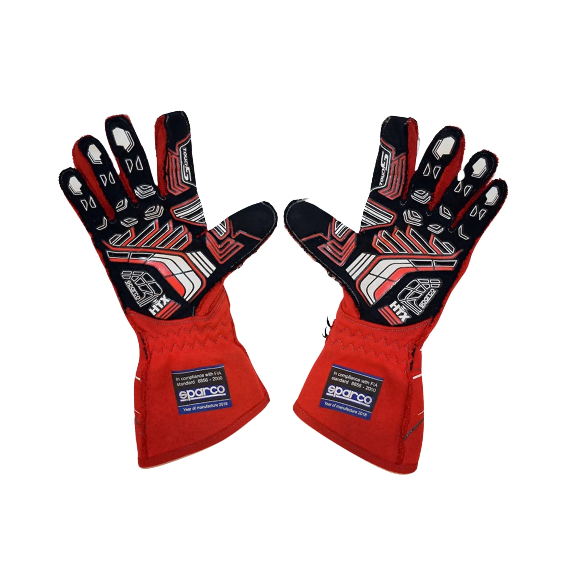 Red and black James Hinchcliffe 2018 IndyCar racing gloves with Sparco branding on a white background