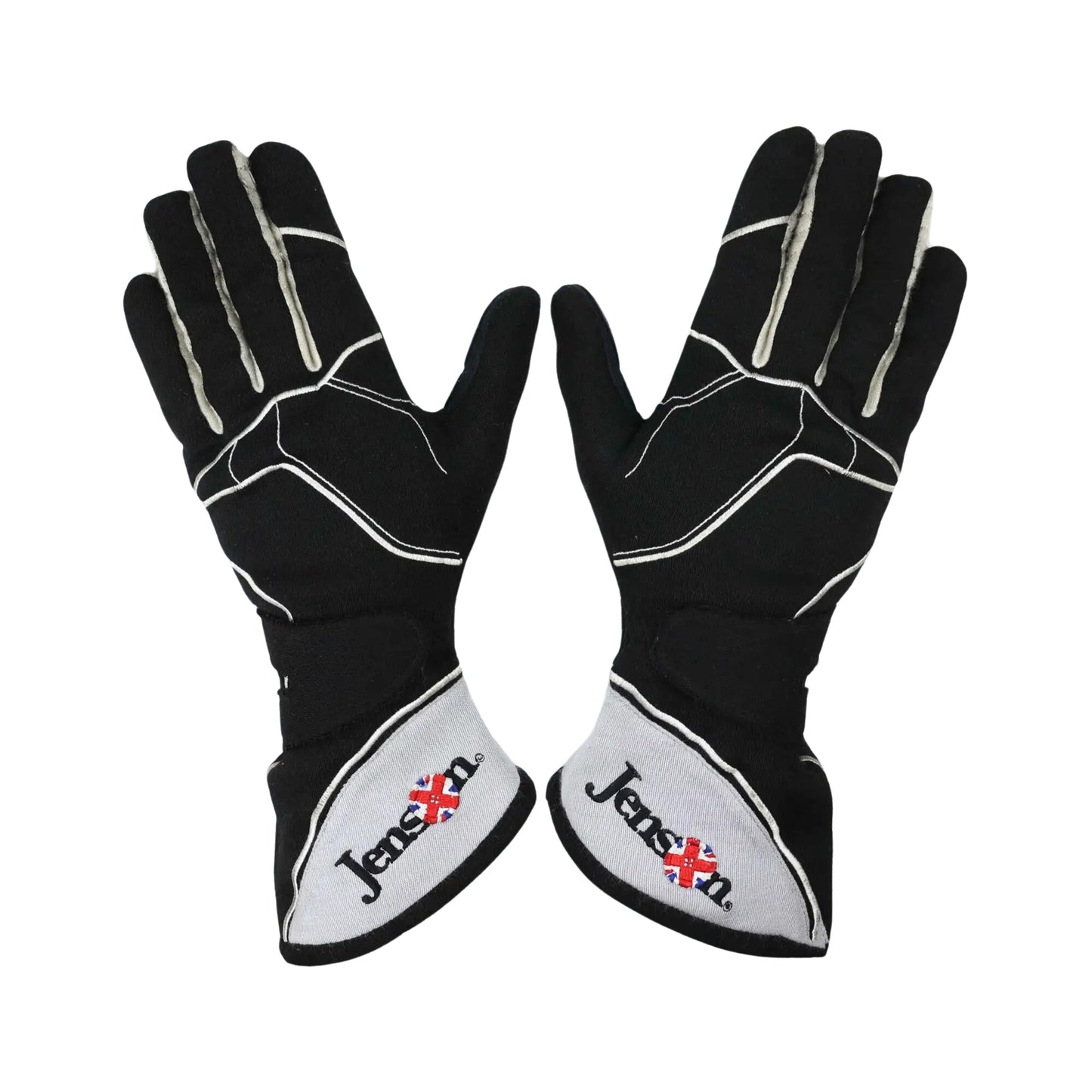 Pair of black and white Jenson Button 2015 F1 Racing gloves with 'Jensen' branding on a white background