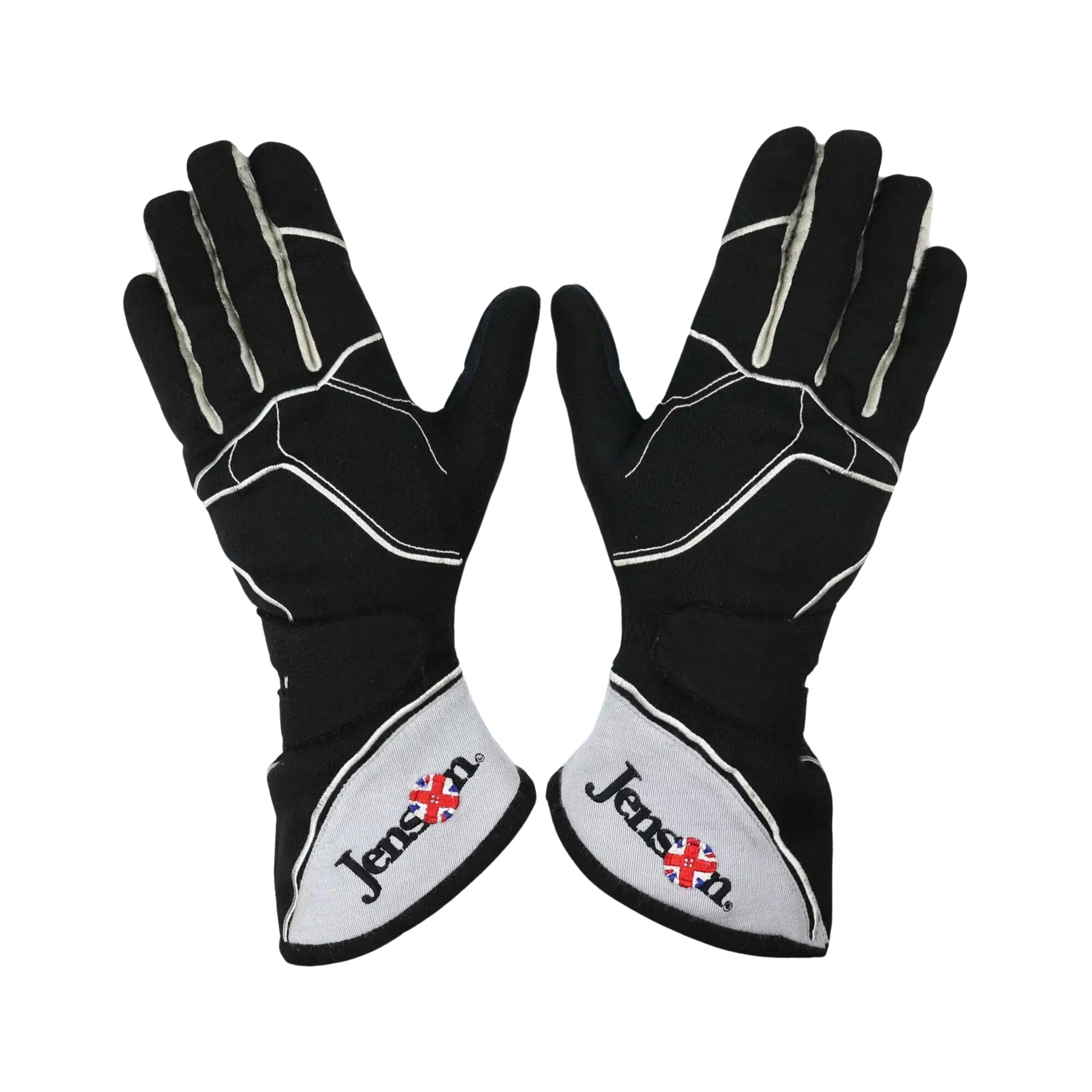Pair of black and white Jenson Button 2015 F1 Racing gloves with 'Jensen' branding on a white background
