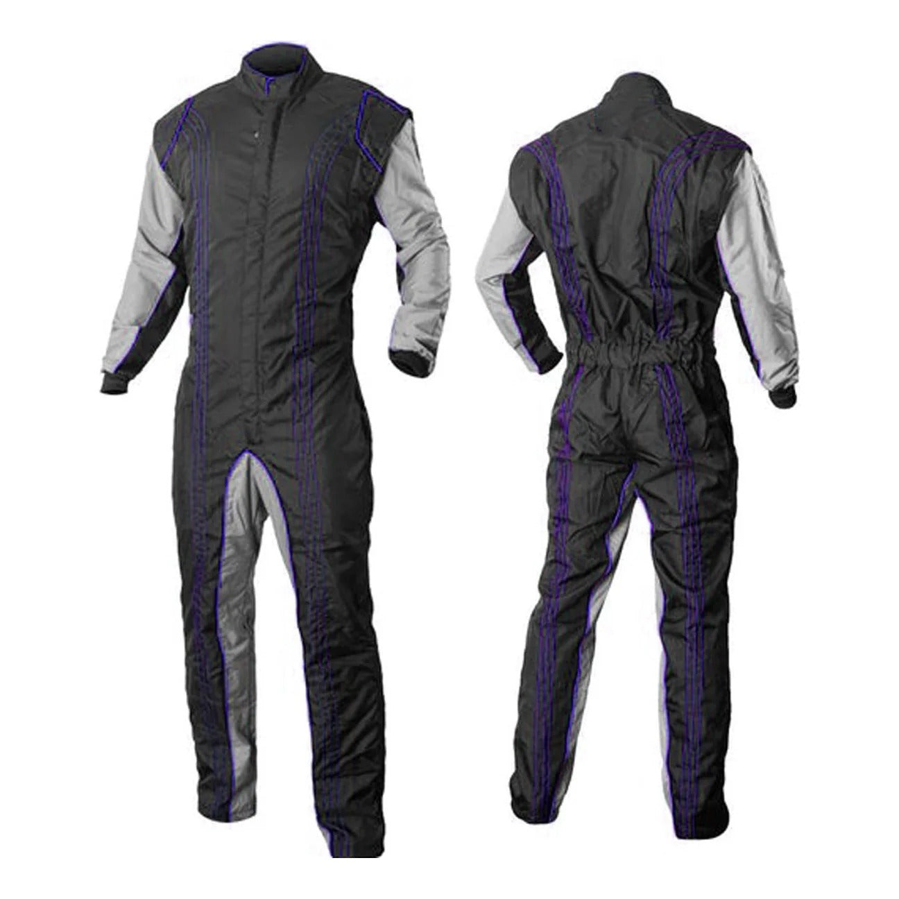 A Kart Racing Suit for Men/Women in black with blue accents, designed for comfort and safety, showing front and back views.